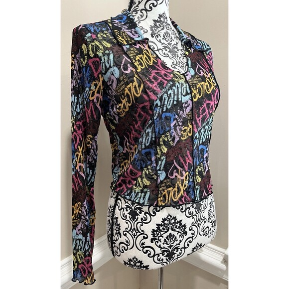 Vtg Y2K Self Esteem Large Art To Wear Fairy Graffiti Whimsigoth Mesh Cropped - Picture 3 of 12